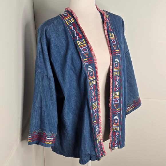 Falls Creek EUC denim embroidered Aztec open jacket kimono sleeves Medium blue - Picture 15 of 15
